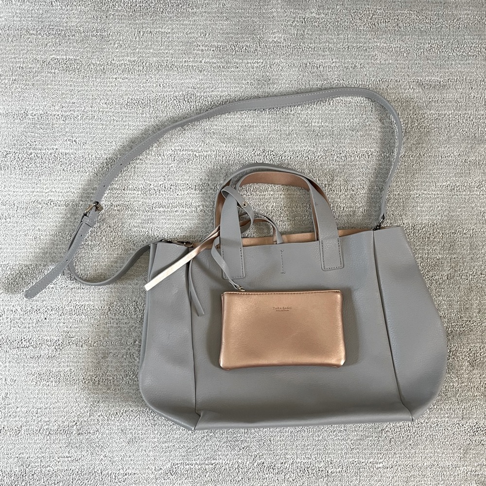 Zara gray and rose gold leather reversible bag with tiny pouch, NWOT